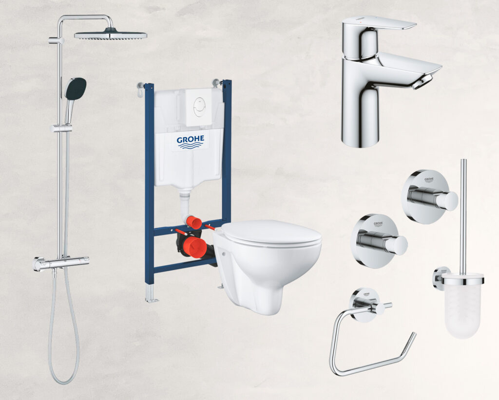 Produkter til renovering af badeværelse for under 10000kr. Inkl. brusesystem med hovedbruser, komplet væghængt toilet, vandhane og badeværelsestilbehør - alle dele i krom