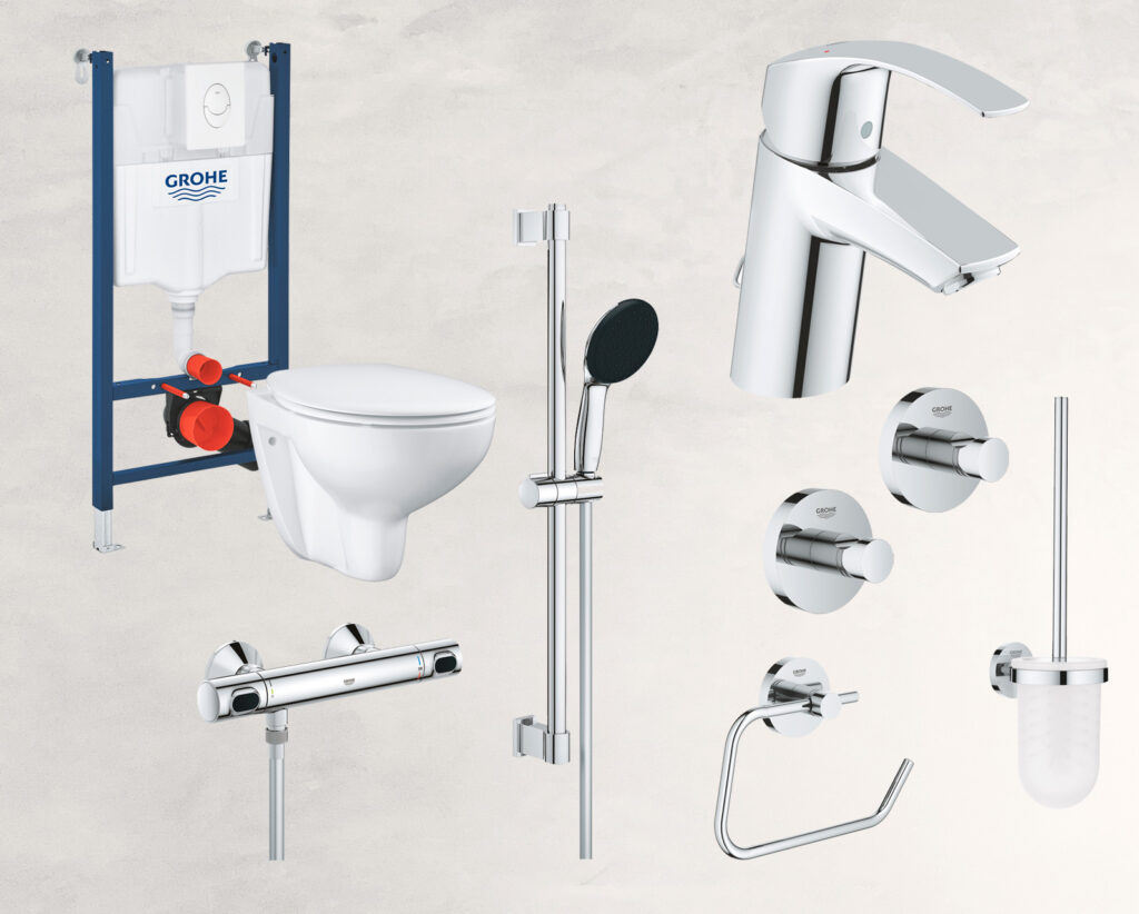 Produkter til badeværelsesrenovering inkl. komplet væghængt toilet, brusesystem, vandhane og badtilbehør - alle dele i krom