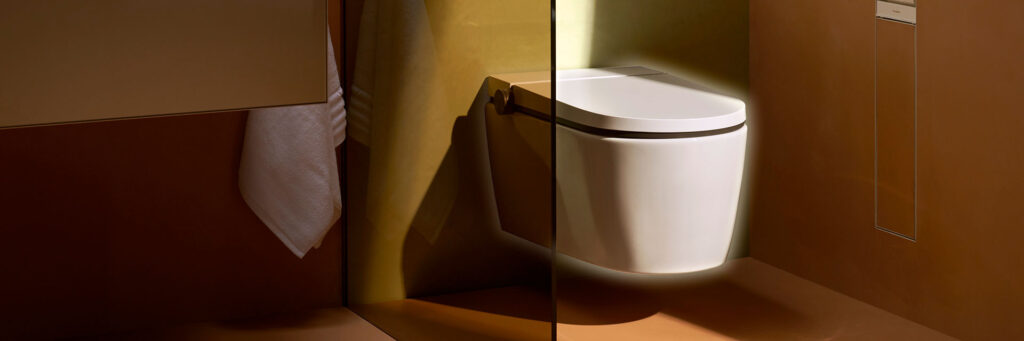 udsnit af et badeværelse, hvor en solstråle ramme et douchetoilet, der ligner et almindeligt toilet: hansgrohe Lavapura element