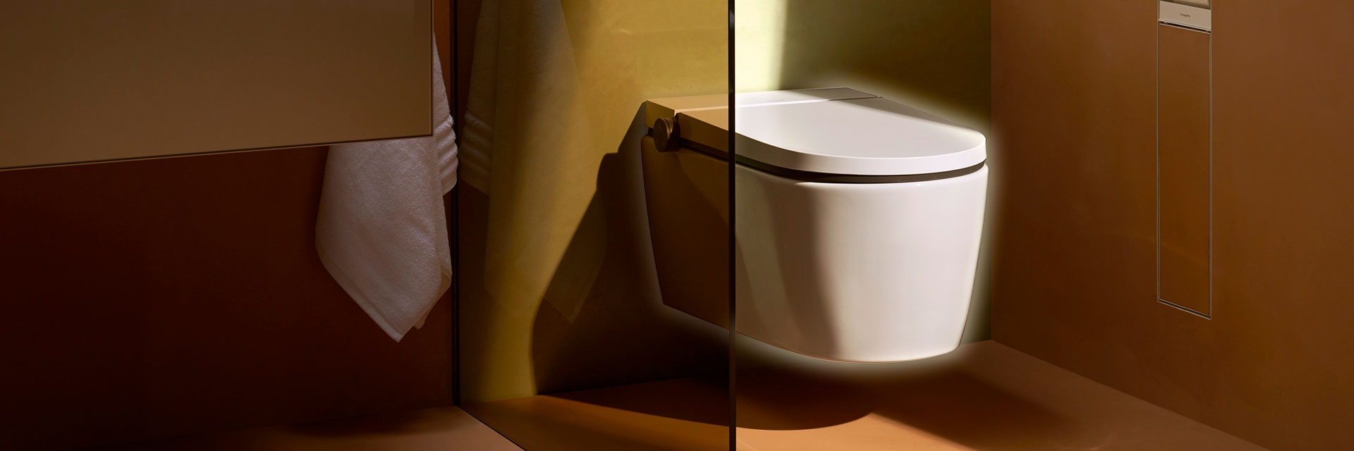 udsnit af et badeværelse, hvor en solstråle ramme et douchetoilet, der ligner et almindeligt toilet: hansgrohe Lavapura element